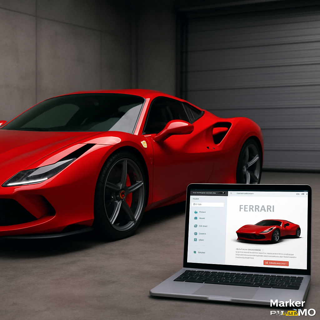 Image concept A sleek red Ferrari parked in a garage next to a laptop screen showing a simple draganddrop web editor Alt text Ferrari website parked i
