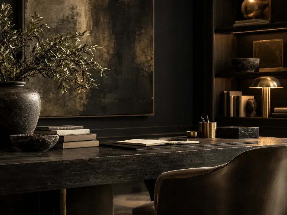 Dark executive office with an olive branch, stacked books, a notebook and a brass desk lamp, an editorial image for the Market Like a CMO marketing review for specialty healthcare clinics.