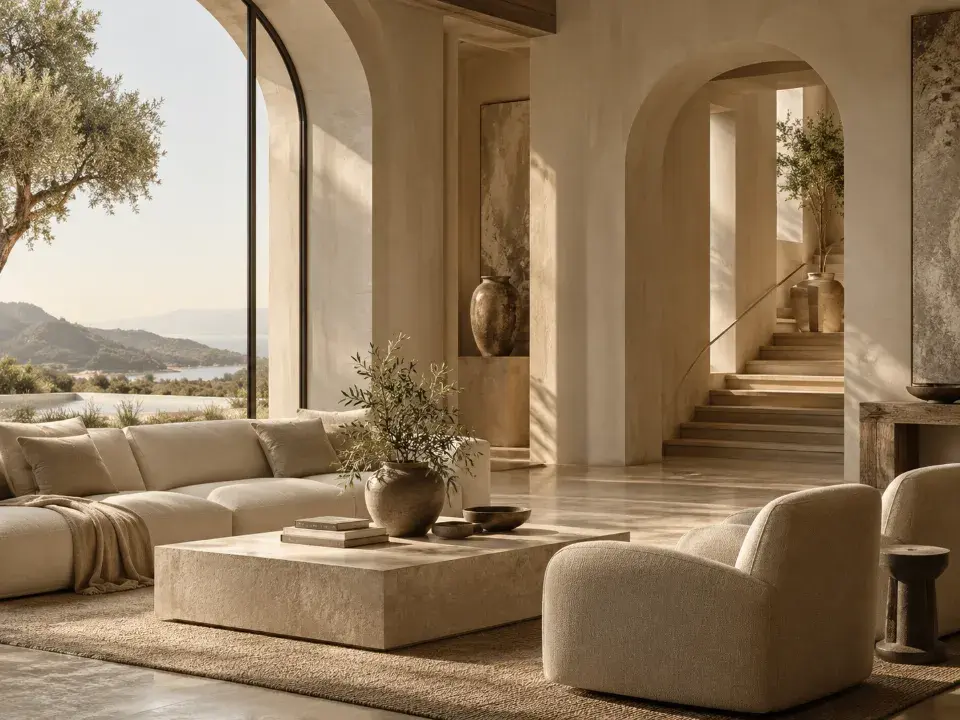 Warm limestone interior with arched doorways, an olive tree and soft natural light, an editorial image for the Market Like a CMO Free Marketing Review for specialty healthcare clinics.