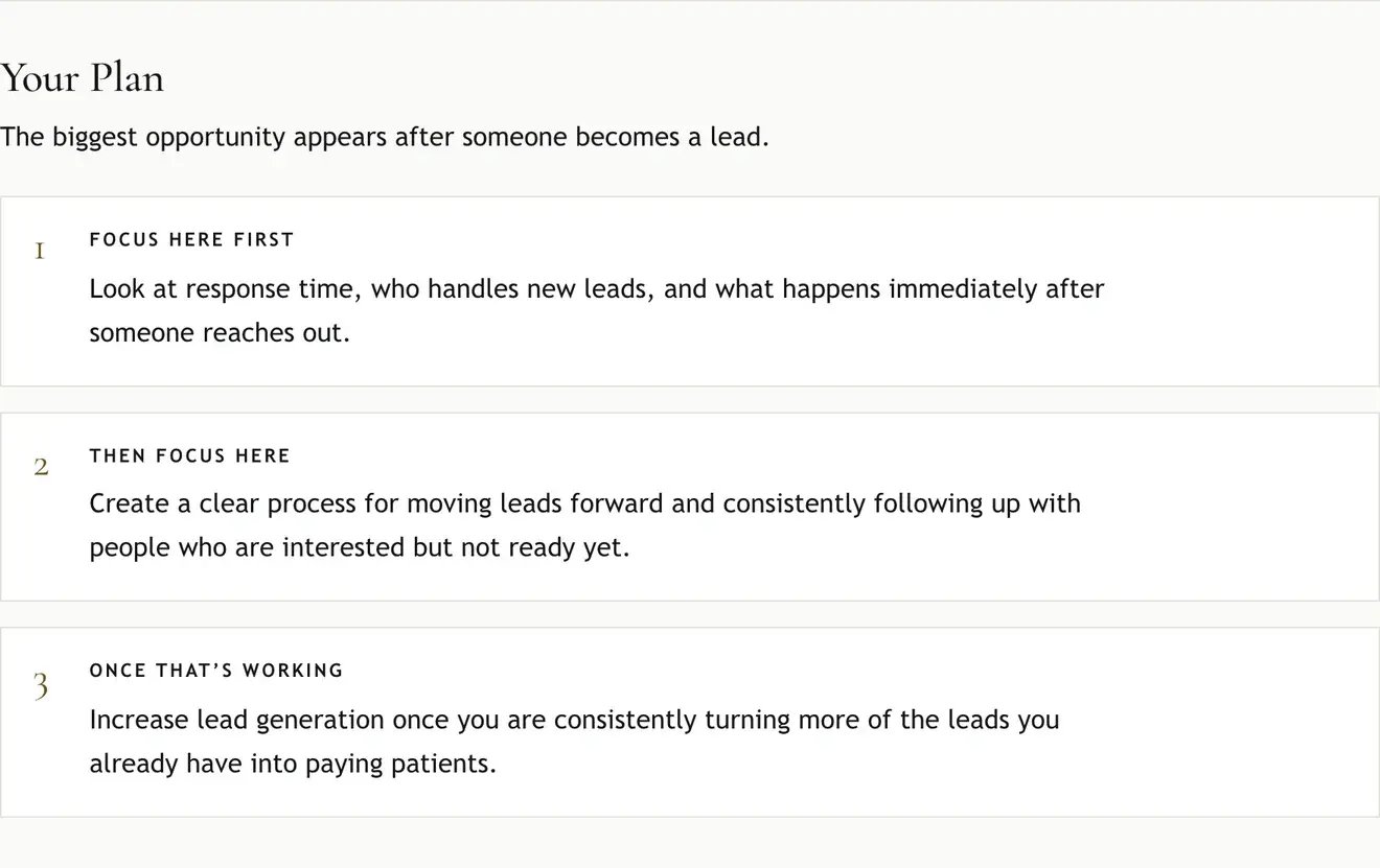 Example results: Your Plan, with what to focus on first, what to focus on next, and what comes once that is working