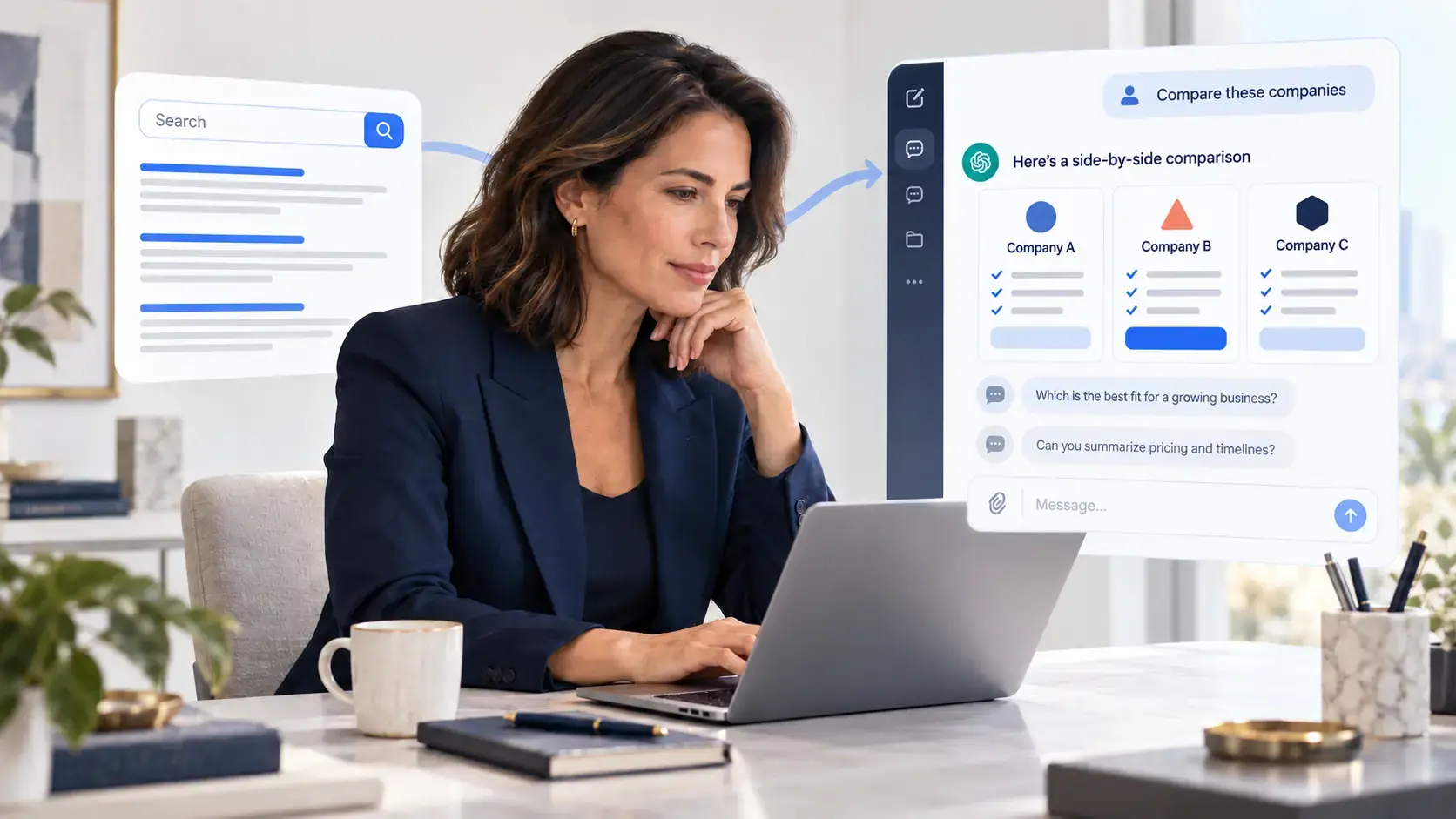 Market Like a CMO Business owner using ChatGPT to compare companies before making a buying decision | Market Like a CMO