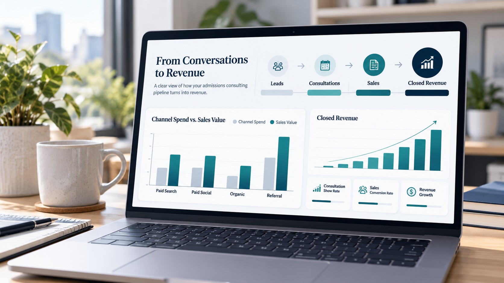 Admissions consulting revenue dashboard showing leads, consultations, sales and revenue by channel | Market Like a CMO
