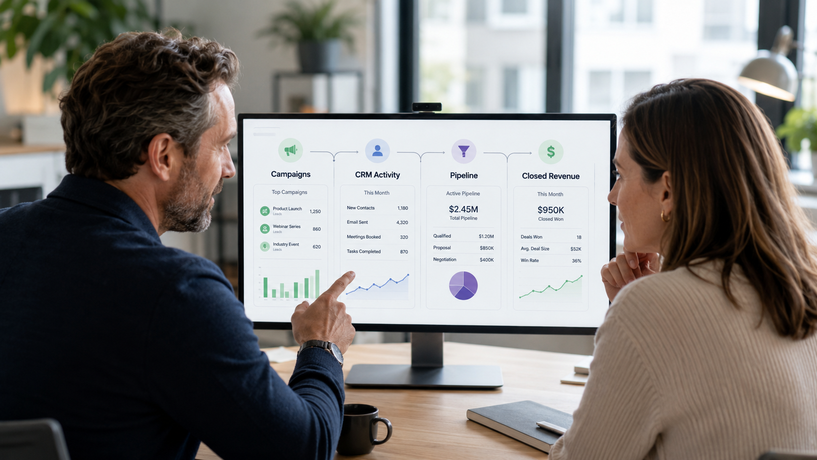 Founder and marketing leader reviewing a dashboard connecting campaigns, CRM activity, pipeline, and closed revenue
