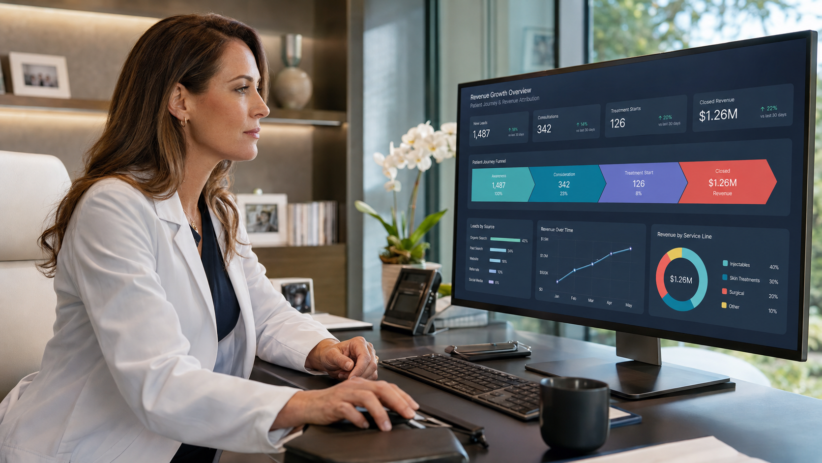 A physician-founder reviewing one revenue dashboard that connects patient acquisition sources, consultations, treatment starts, and closed revenue.